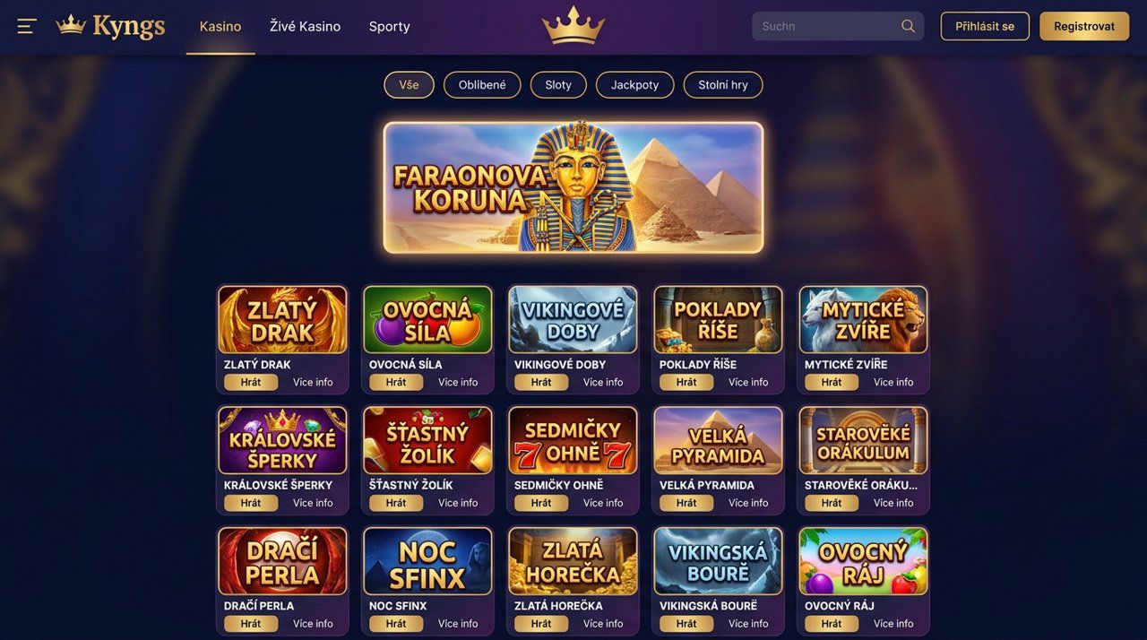 Snímek obrazovky hlavní stránky online casina Kyngs