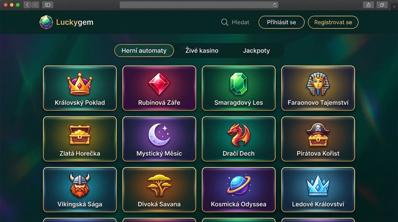 Úvodní stránka online casina Luckygem s nabídkou automatů, živého kasina a jackpotů