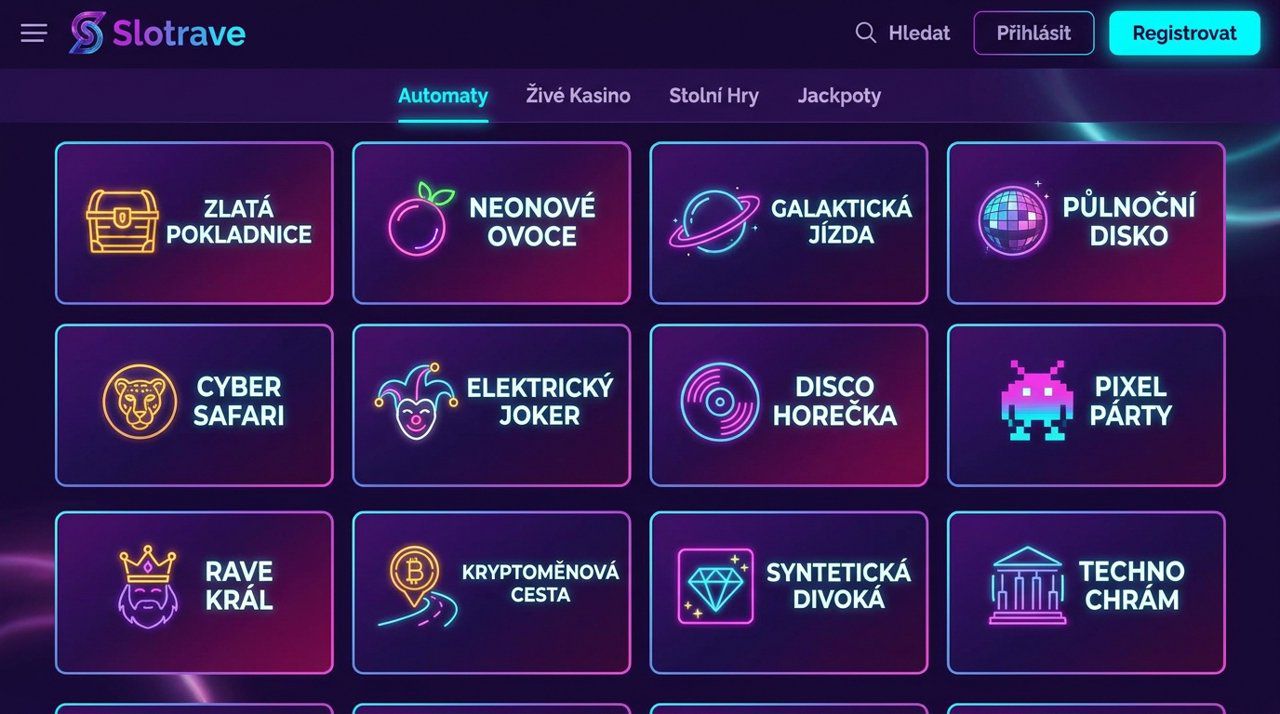 Úvodní stránka online casina Slotrave s nabídkou automatů a živého casina