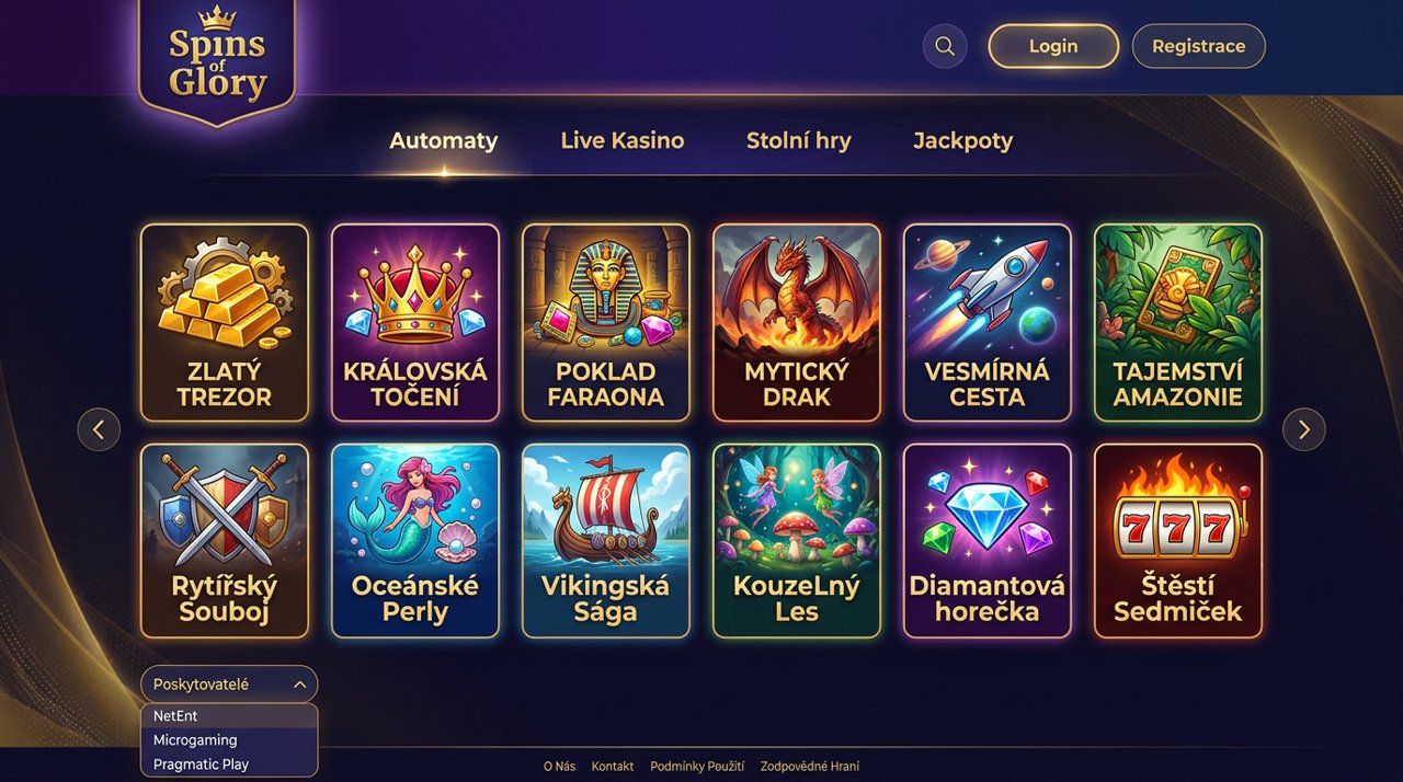 Úvodní stránka online casina Spins of Glory s nabídkou automatů a živého casina