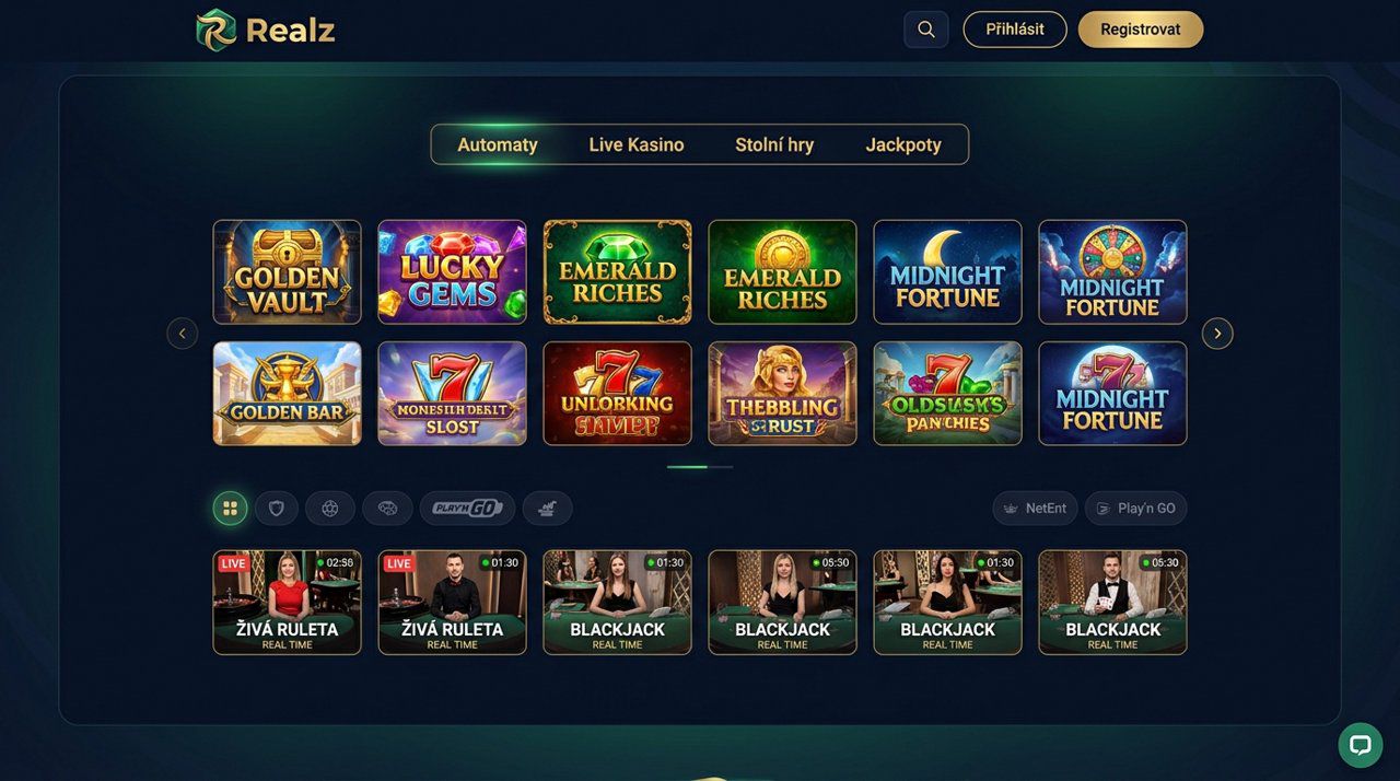 Úvodní stránka online casina Realz s nabídkou automatů a živého kasina