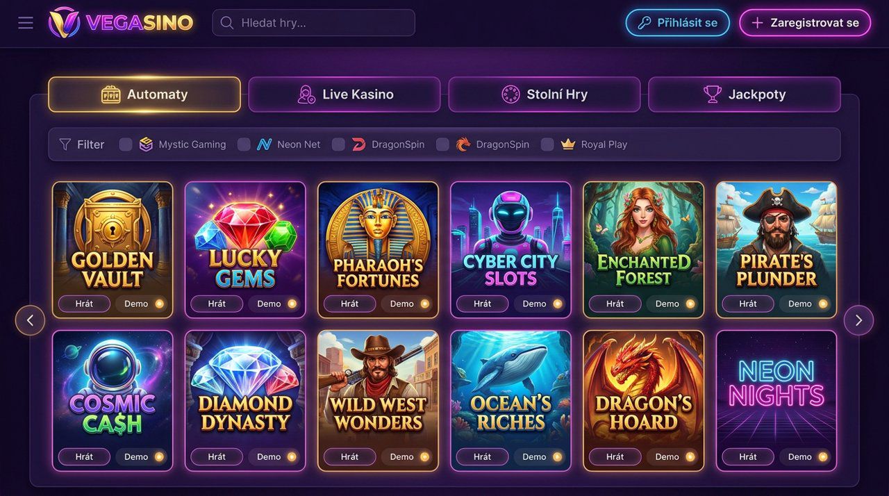 Úvodní stránka online casina Vegasino s nabídkou automatů a živého casina