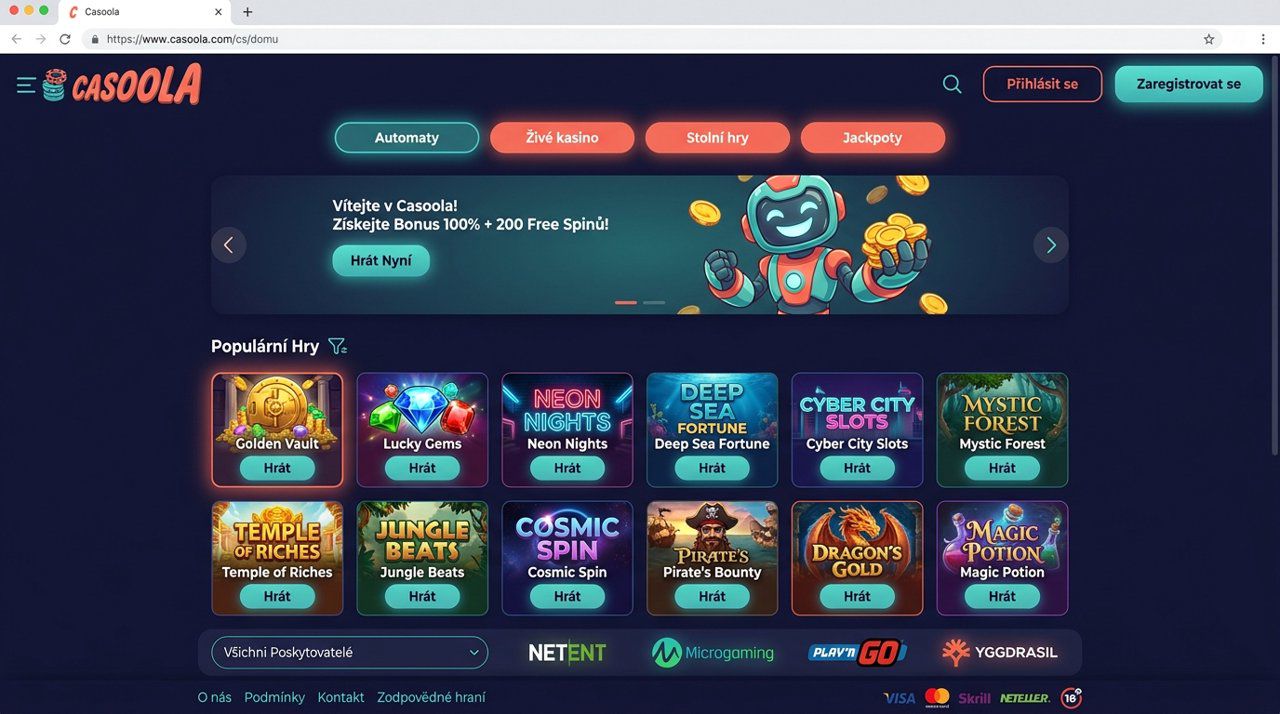 Úvodní stránka online casina Casoola s nabídkou automatů a kategoriemi her