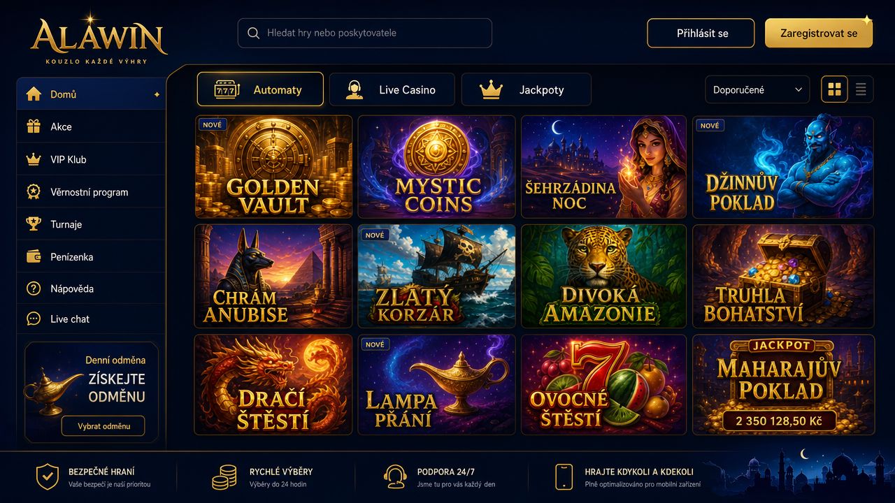 Náhled webové stránky online casina Alawin